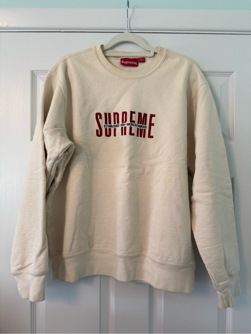 Supreme Cream Crewneck with Red Logo Print